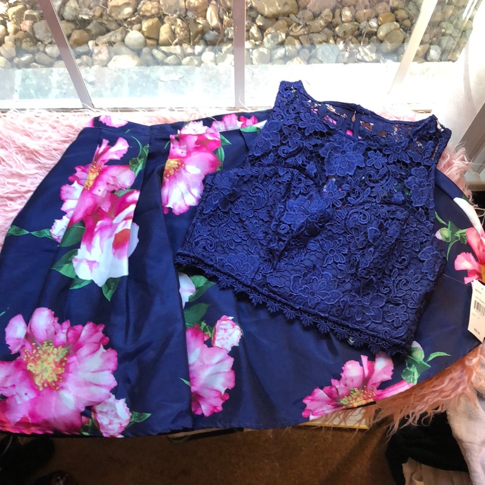 Sequin Hearts 2-Piece Navy Lace Floral Pleat Dress